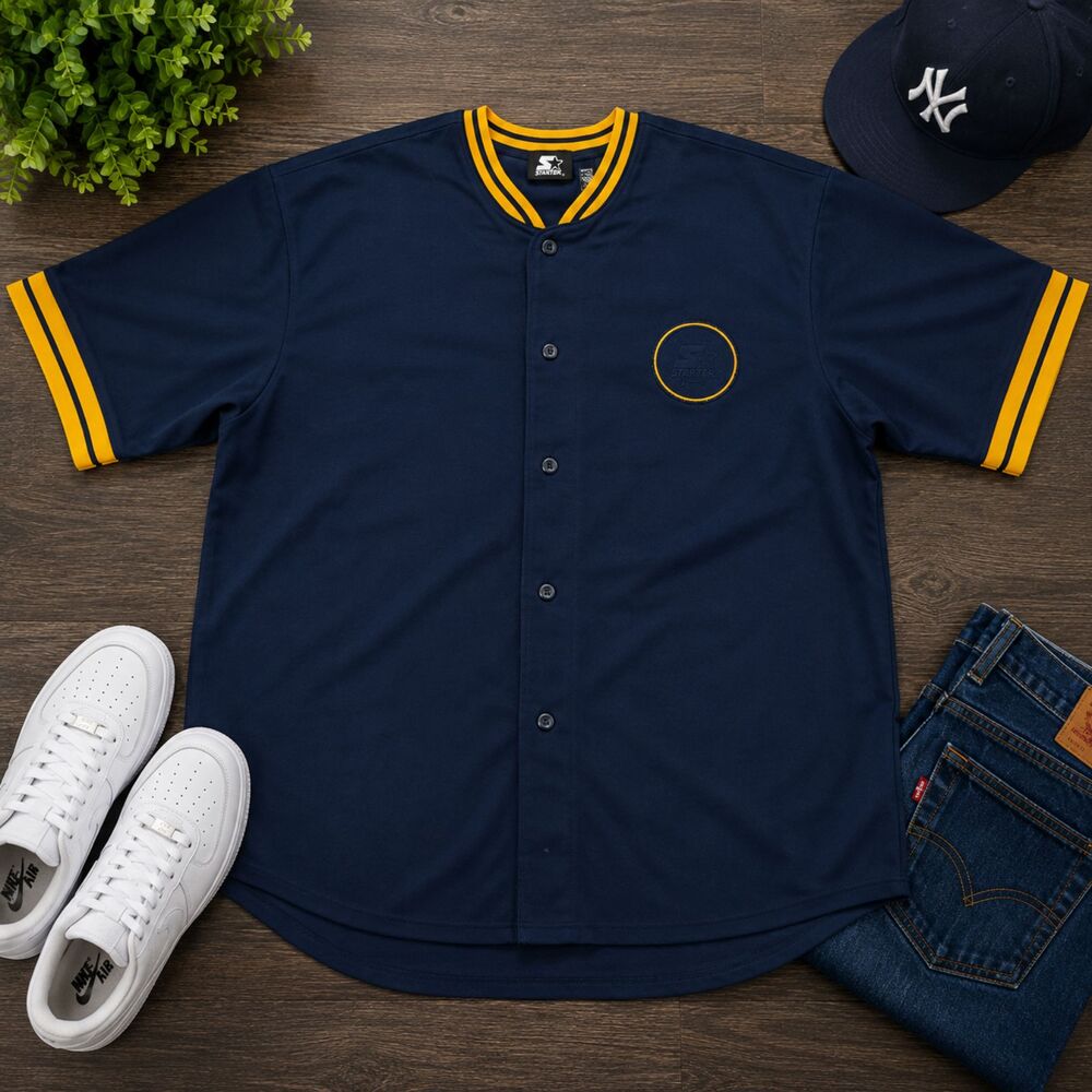 Starter Shirt Men's L Navy Yellow Jersey Style Button Up Embroidered Patch (508) - Picture 1 of 5